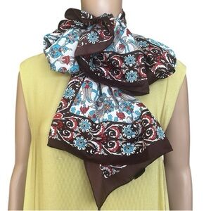 Sal Dunyasi Bursa Silk Red Blue White Floral with Brown Border Oblong Scarf NWOT